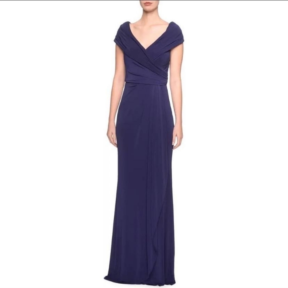 La Femme 26519 Navy Blue Ruched Jersey Collumn Formal Gown Size 20